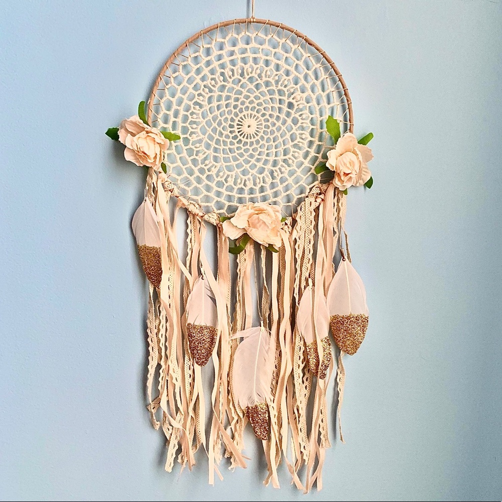 Floral Macrame Gold Tipped Feather Dream Catcher